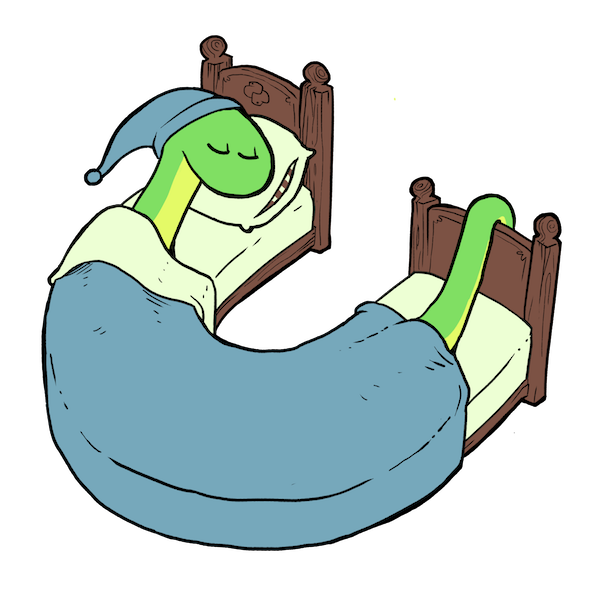 Sleepy Snake, cozy in his snake-shaped bed.
